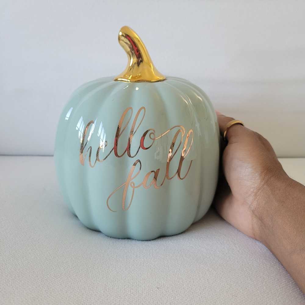 ANTHROPOLGIE Elegant Sage Rose Gold Ceramic Pumpkin Decor - Picture 5 of 6